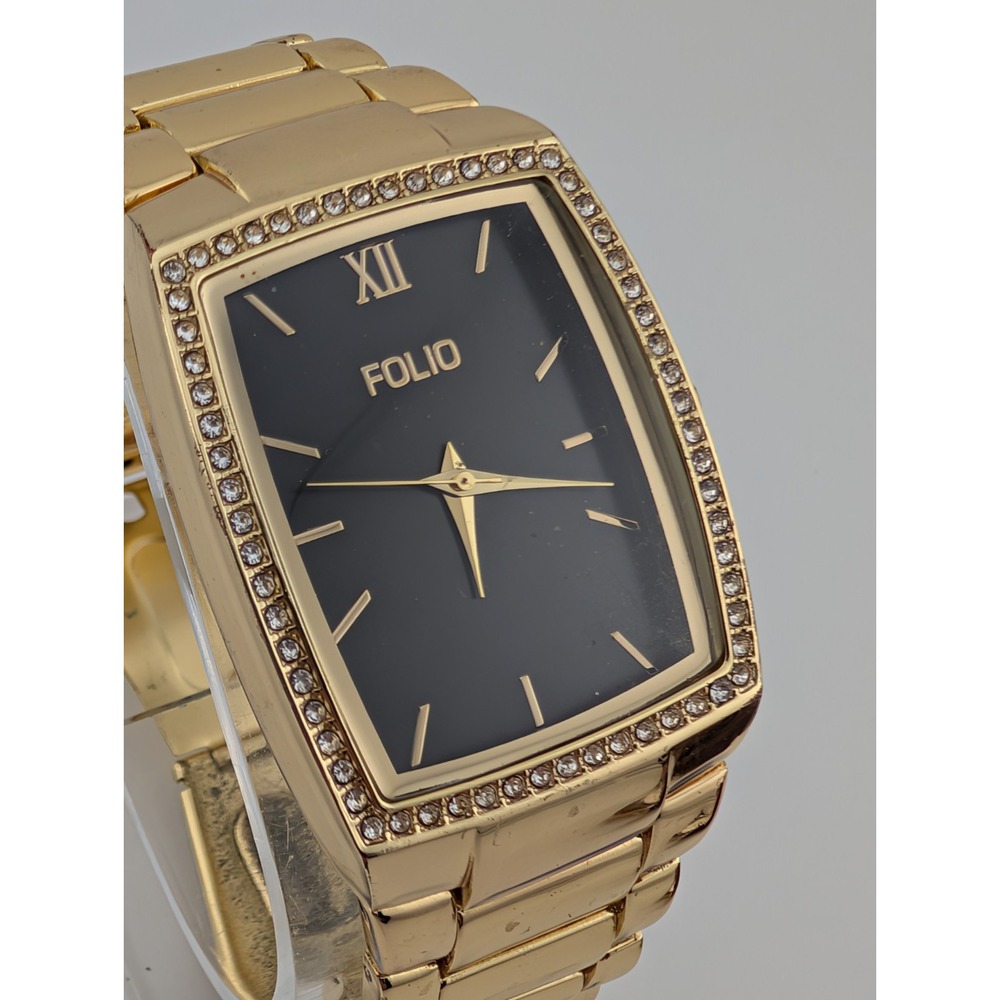 Folio Watch Men 32mm Case Crystal Bezel Gold 7.25" Band- New‎ Battery